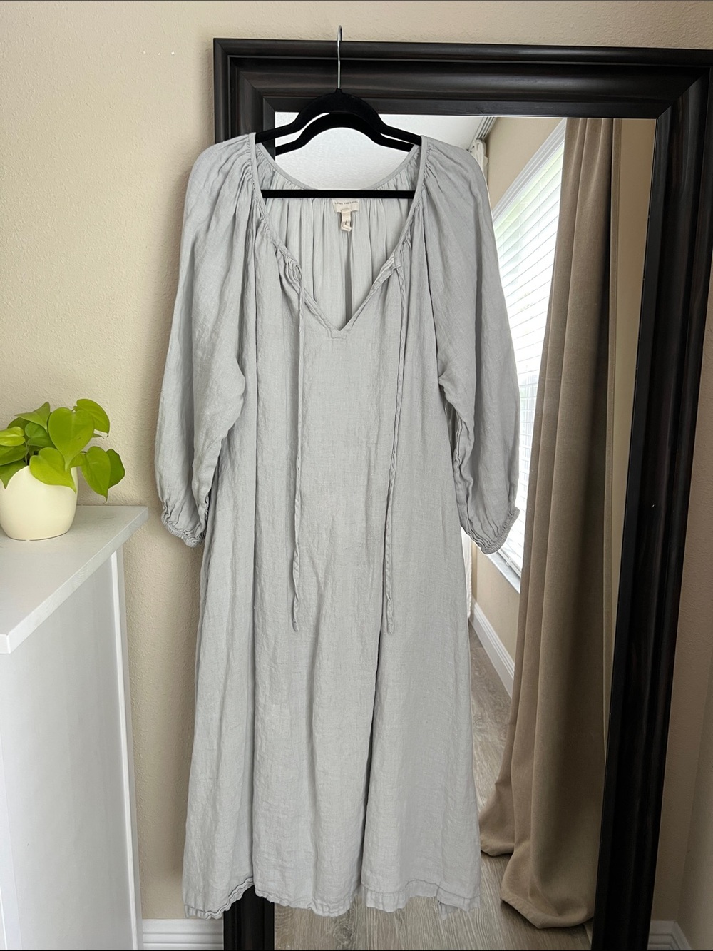 Light Gray Maxi Peasant Dress with Tie Neck - Picture 2 of 3